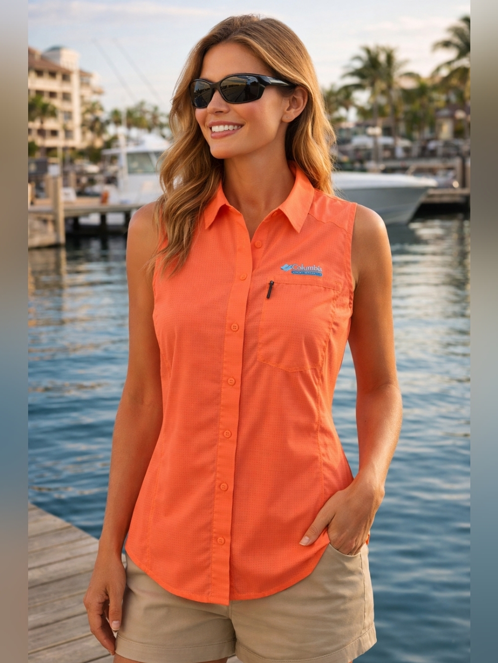 Columbia Orange Sleeveless Button-Front Outdoor Shirt